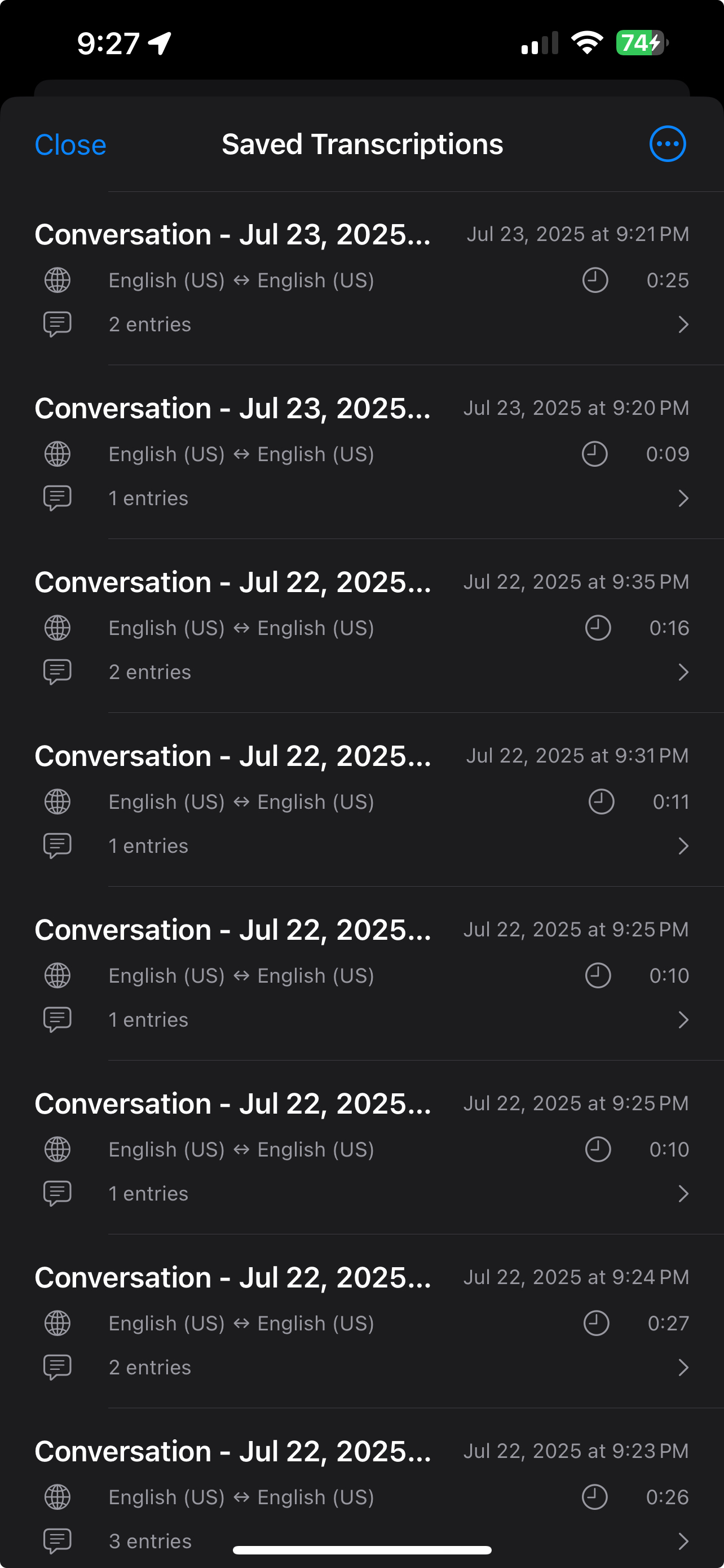 Careslate saved transcriptions screen showing conversation history